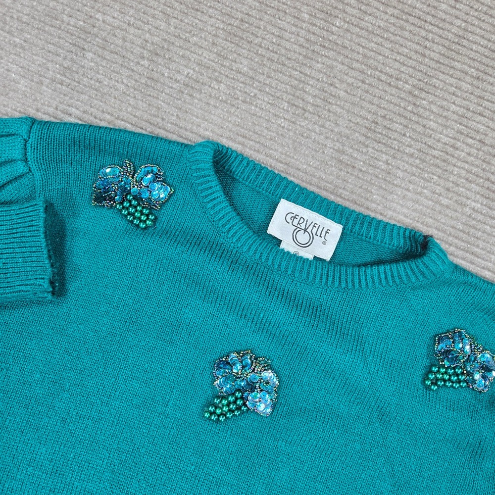 Cervelle Womens Small Teal Sequin Beaded Floral Puff Sleeve Knit Sweater